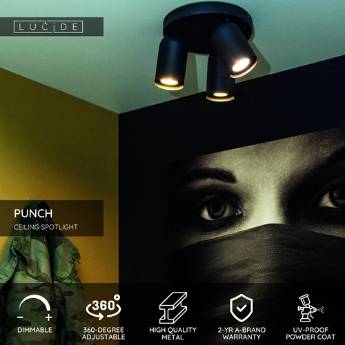 Lucide PUNCH - Ceiling spotlight - Ø 21 cm - 3xGU10 - Black - USP